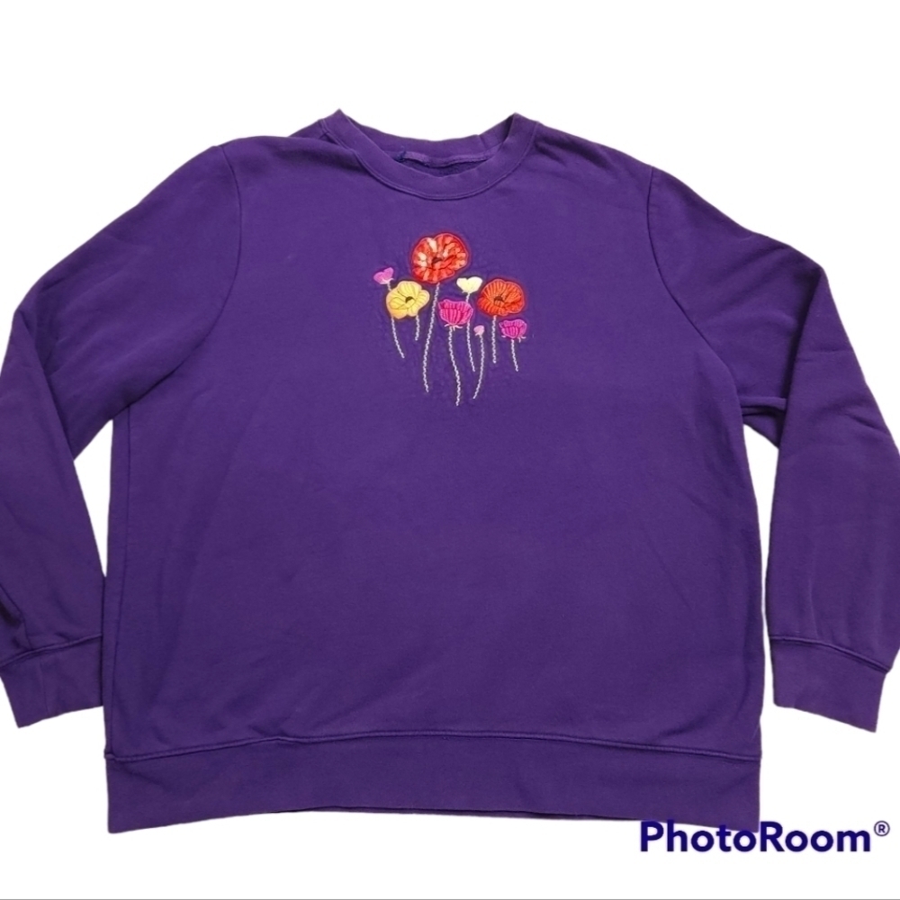 Purple Floral Embroidered Sequin Poppy Grandma Cottagecore Sweater